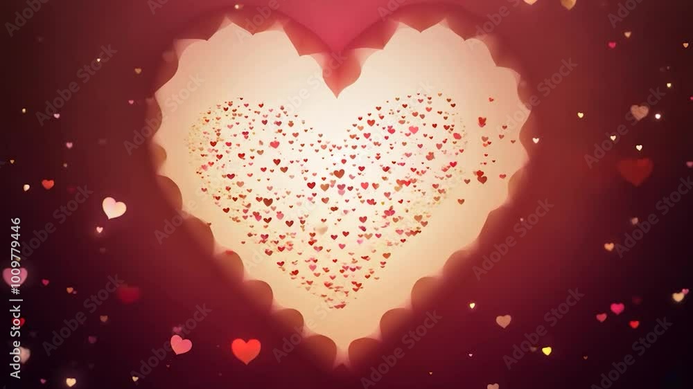 Multitude of small hearts floats down, creating a larger heart in the center against a warm background, evoking feelings of love and romance. Perfect for valentine's day themes Multitude of small hearts floats down, creating a larger heart in the center against a warm background, evoking feelings of love and romance. Perfect for valentine's day themes