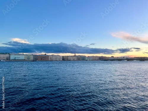 Blue river in the city, city riverside 