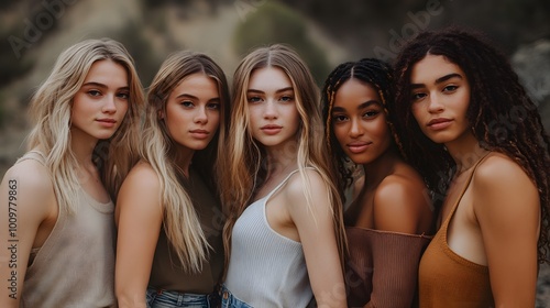 Group of young women standing outdoors in casual summer outfits