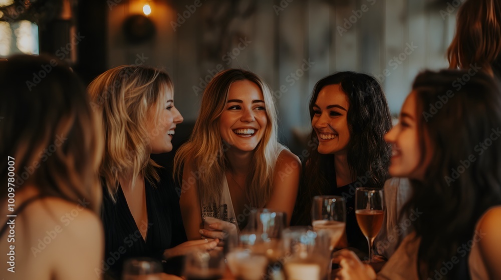 Group of friends laughing and chatting over drinks at a cozy gathering Group of friends laughing and chatting over drinks at a cozy gathering