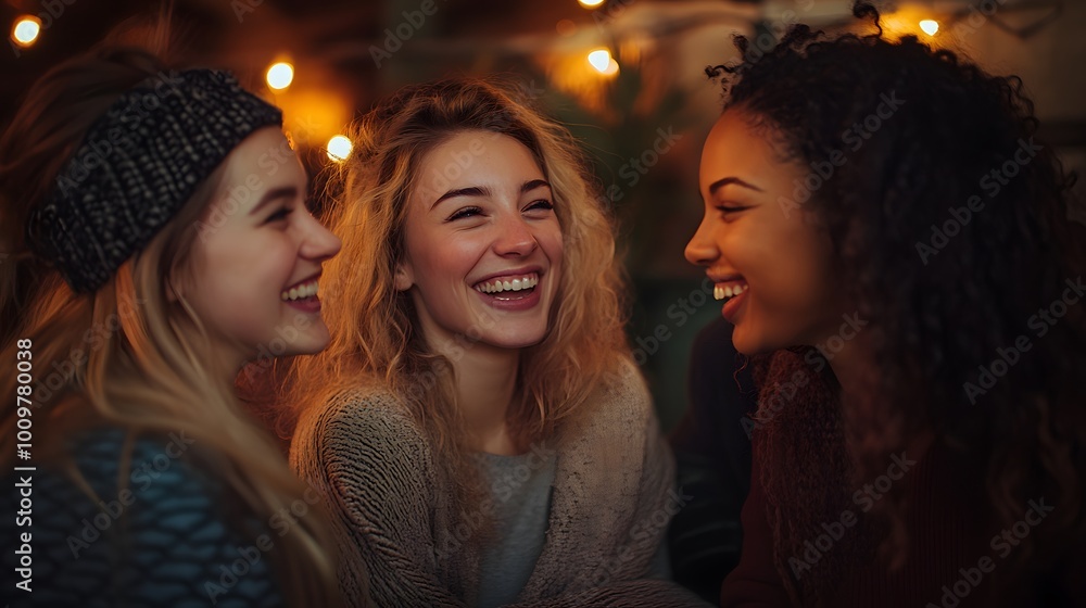 Women laughing together under warm string lights at a casual gathering Women laughing together under warm string lights at a casual gathering