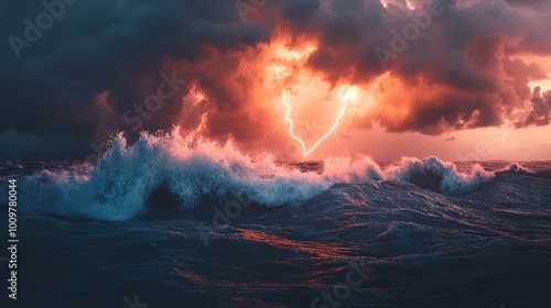 A powerful lightning bolt strikes the stormy sky above crashing waves.