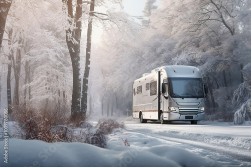 motorhome or big family van in a road trip, winter forest natural background. High quality photo created with generative ai technology