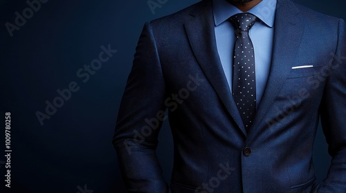 A well-dressed man in a navy suit with a polka dot tie stands confidently against a dark background, showcasing style and elegance
