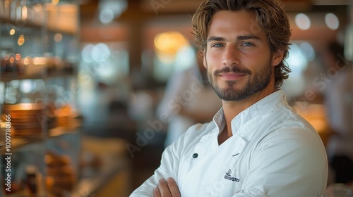 A confident chef poses in a warmly lit kitchen filled with culinary creations and professional staff working diligently