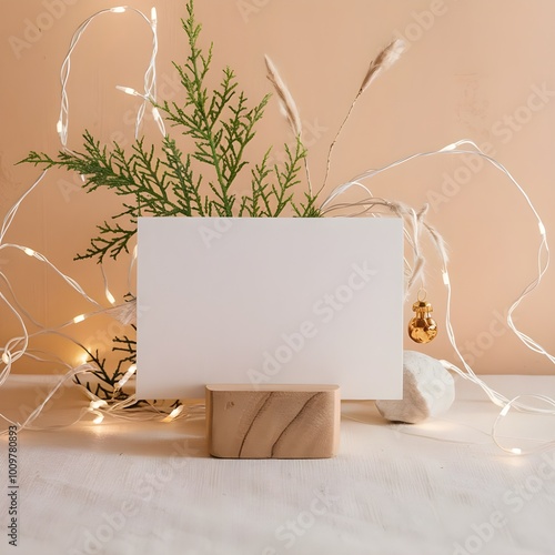 Blank white greeting card mockup in a Christmas scene. Warm and cozy aesthetic christmas scene background with a blank paper with copy space.