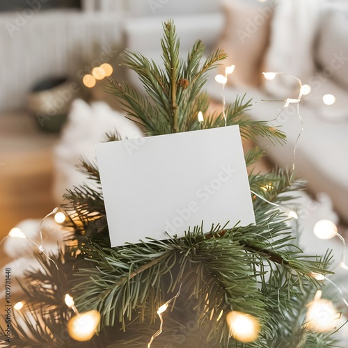 Blank white greeting card mockup between Christmas tree branches. Warm and cozy aesthetic christmas scene background with a blank paper with copy space.