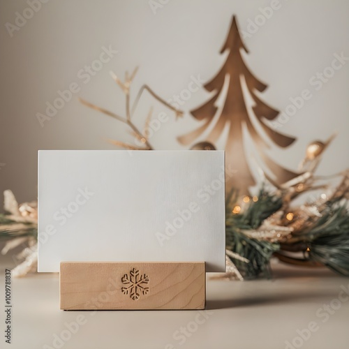 Blank white greeting card mockup in a Christmas scene. Warm and cozy aesthetic christmas scene background with a blank paper with copy space.