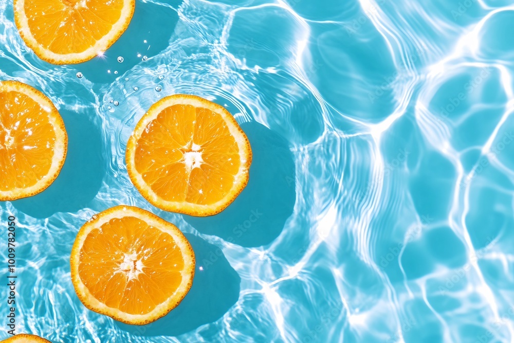 Slices of orange floating in a shimmering blue pool water. Slices of orange floating in a shimmering blue pool water.