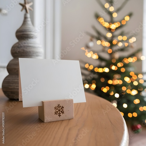Blank white greeting card mockup in a Christmas scene. Warm and cozy aesthetic christmas scene background with a blank paper with copy space.