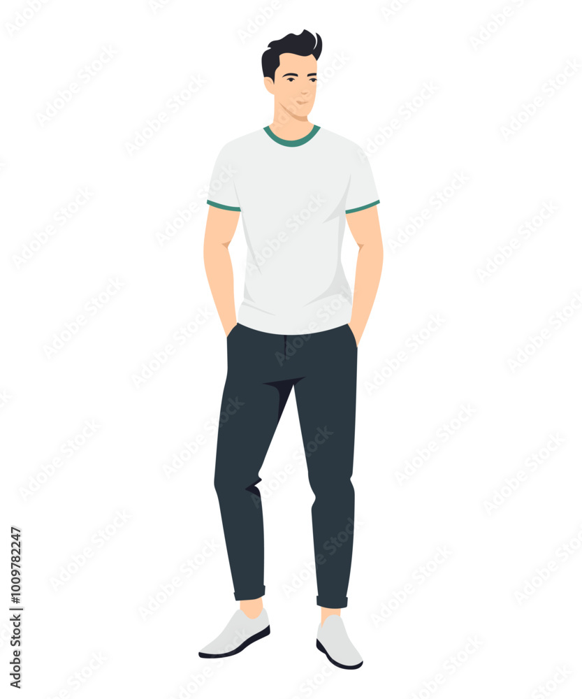 Fototapeta premium Vector illustration on a white background. A man in a white t-shirt and black pants. Minimalist style.