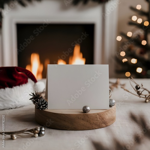 Blank white greeting card mockup in a Christmas scene. Warm and cozy aesthetic christmas scene background with a blank paper with copy space.
