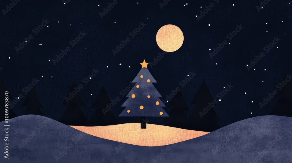 Fototapeta premium Illustration of a snowcovered forest with a glowing Christmas tree in the center surrounded by twinkling stars and a full moon Perfect for holiday cards and festive winter greetings with a magical and