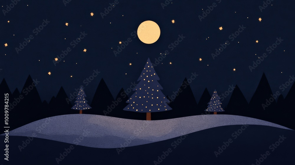Fototapeta premium Illustration of a snowcovered forest with a glowing Christmas tree in the center surrounded by twinkling stars and a full moon Perfect for holiday cards and festive winter greetings with a magical and