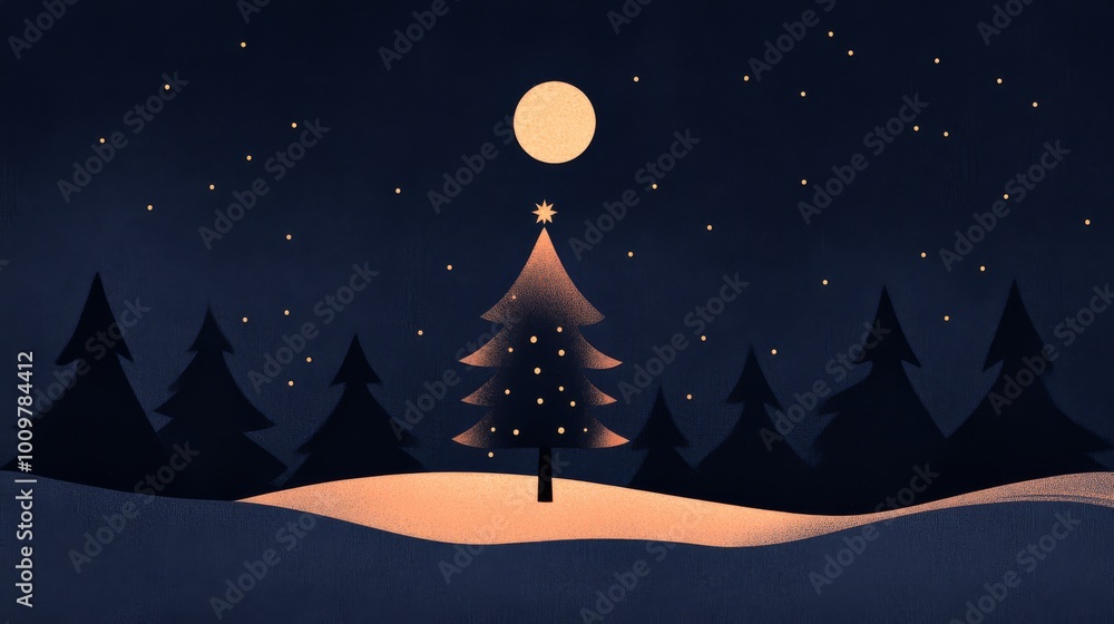 Fototapeta premium Illustration of a snowcovered forest with a glowing Christmas tree in the center surrounded by twinkling stars and a full moon Perfect for holiday cards and festive winter greetings with a magical and