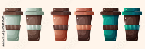 Design of delicious hot coffee in a paper cup. Vector illustration of a colored paper cup in green, birch and peach. Design of a brown cup