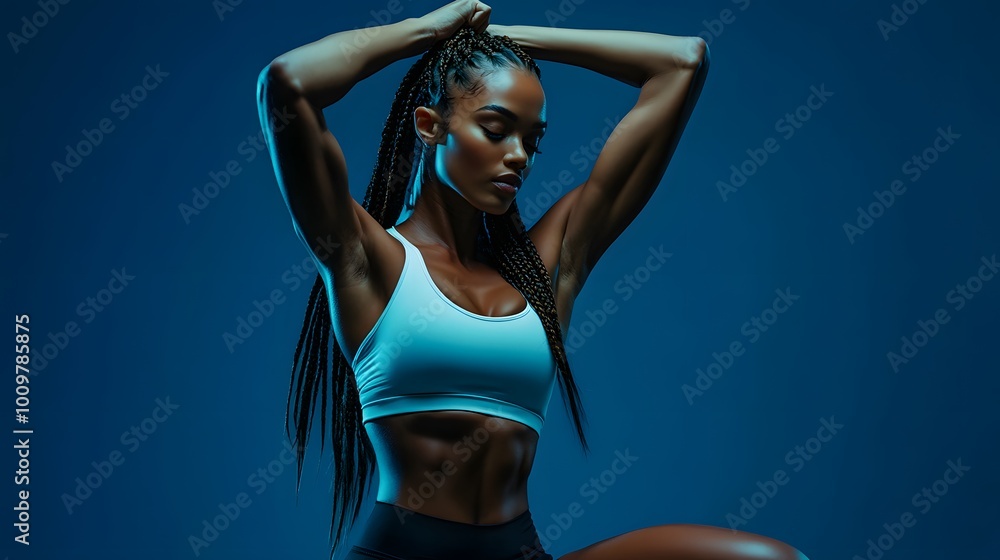 Obraz premium Athletic woman in white sportswear flexing her muscles with braided hair against a dark blue background