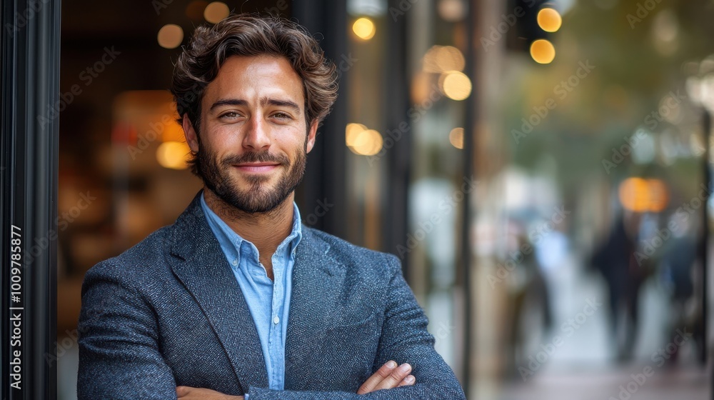 A confident man poses casually outside a modern urban cafe during a sunny afternoon, creating a relaxed atmosphere A confident man poses casually outside a modern urban cafe during a sunny afternoon, creating a relaxed atmosphere