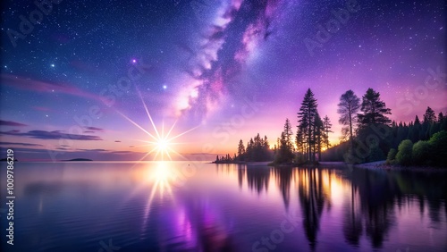 A stunning night sky over a tranquil lake with shimmering reflections and twinkling stars during twilight. Generative AI