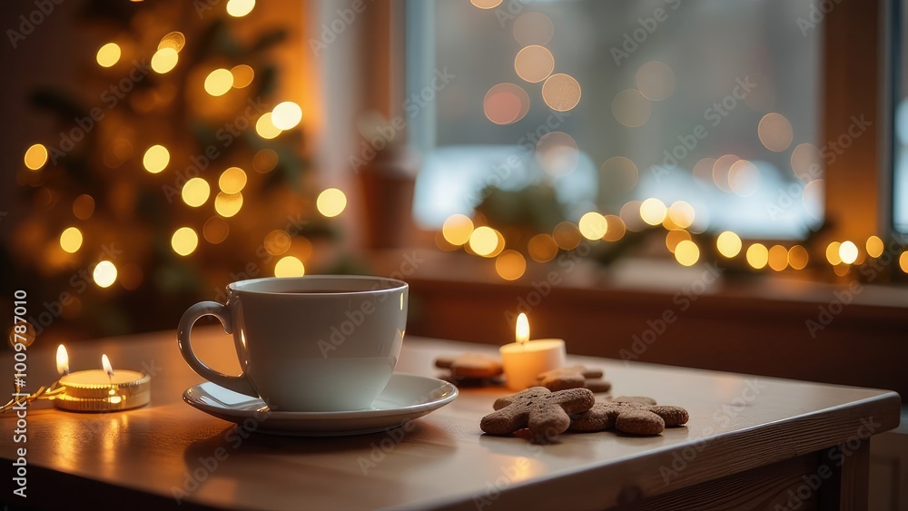 A cup of cappuccino coffee with ginger cookies in a festive New Year's setting with fir branches, pine cones and a garland on a rustic wooden table. Banner A cup of cappuccino coffee with ginger cookies in a festive New Year's setting with fir branches, pine cones and a garland on a rustic wooden table. Banner