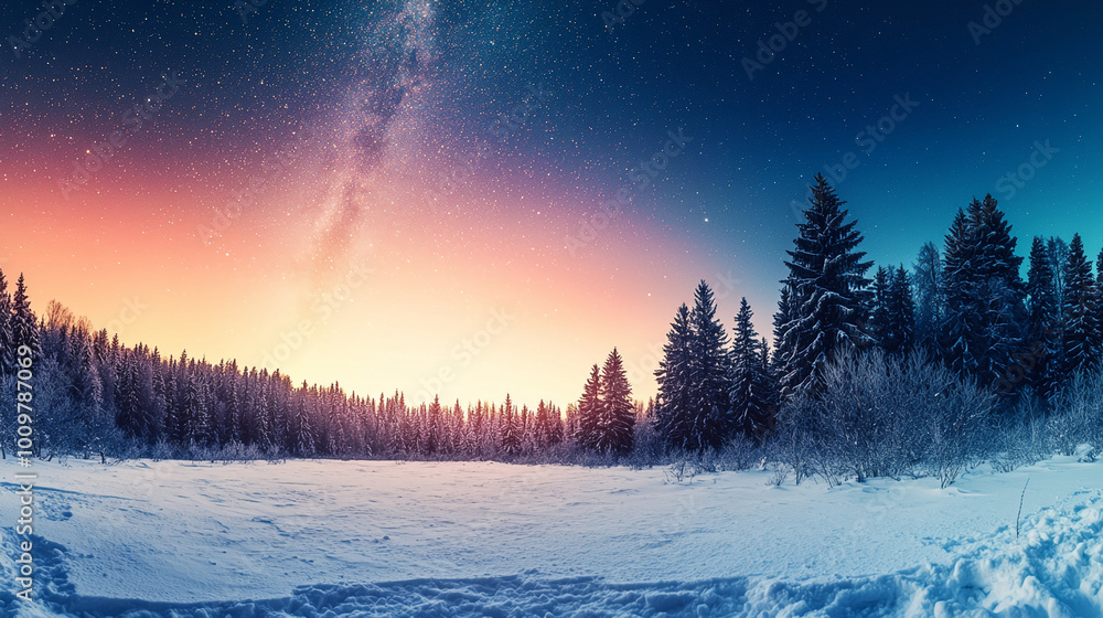 Fototapeta premium A snow-covered field at night with tall, dark trees in the background. The Milky Way is visible in the sky 
