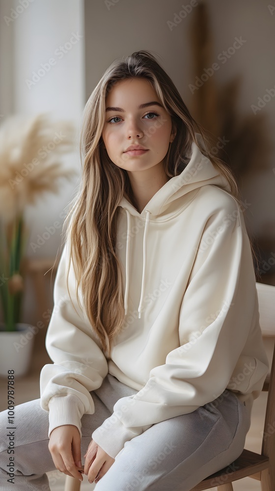 Φωτογραφία Woman in a cozy white hoodie sitting by the window in a softly lit room with nat