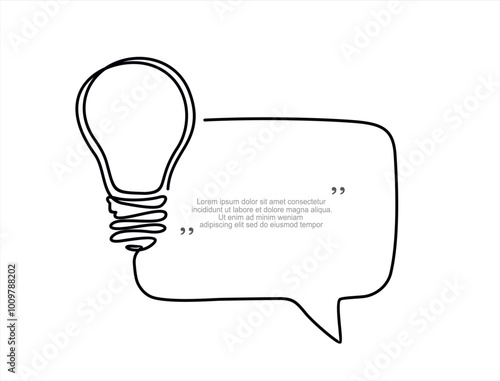 Quick tips.Continuous one line drawing of light bulb and speech bubble. Trendy line art vector on a white background. Vector illustration.