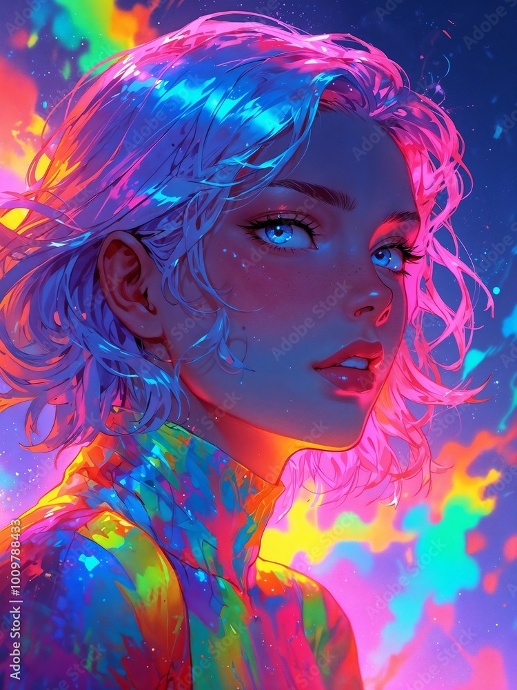 Colorful Anime Neon Women With Red Lips Colorful Anime Neon Women With Red Lips
