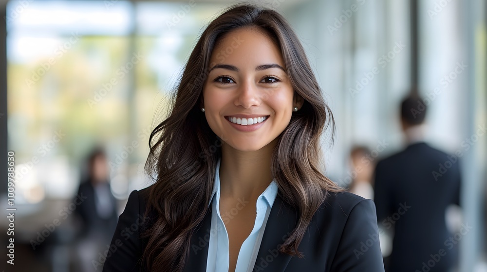 Confident woman in a business suit smiling in a bright office environment with blurred colleagues in the background Confident woman in a business suit smiling in a bright office environment with blurred colleagues in the background