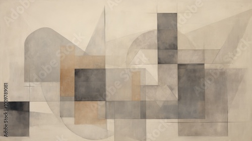 Abstract Geometric Shapes in Neutral Tones on Textured Paper, Featuring Muted Grays and Beiges with Subtle Gradients photo