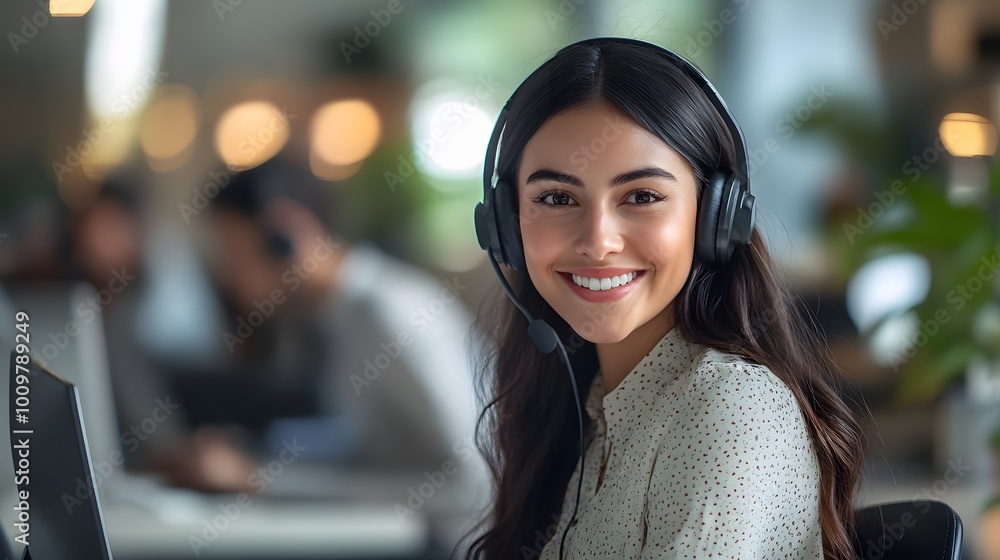 Smiling customer service representative wearing a headset in a modern office setting Smiling customer service representative wearing a headset in a modern office setting