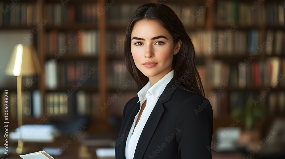Confident young lawyer standing in a law library with bookshelves in the background Confident young lawyer standing in a law library with bookshelves in the background