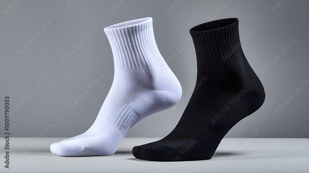White and Black Ankle Socks on Grey Background Sporty Casual Footwear White and Black Ankle Socks on Grey Background Sporty Casual Footwear