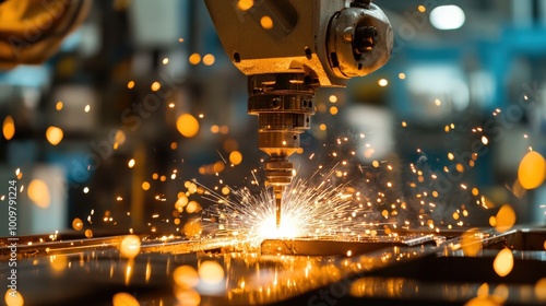 A robotic arm performs precision welding on metal parts, creating sparks that illuminate the industrial workspace, showcasing advanced automation in action