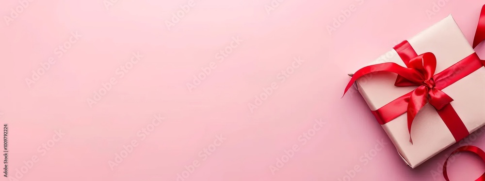 Gift box with red ribbon bow on pink background. Present for Valentine's Day, Happy Women's Day, Mother's Day, birthday, wedding. Romantic concept for greeting card, banner. Copy space. Flat lay Gift box with red ribbon bow on pink background. Present for Valentine's Day, Happy Women's Day, Mother's Day, birthday, wedding. Romantic concept for greeting card, banner. Copy space. Flat lay