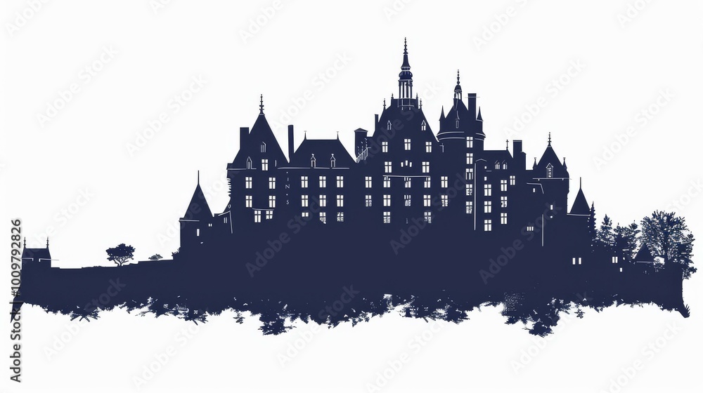 Chateau de Bonaguil silhouette against white background with intricate castle details and foliage elements