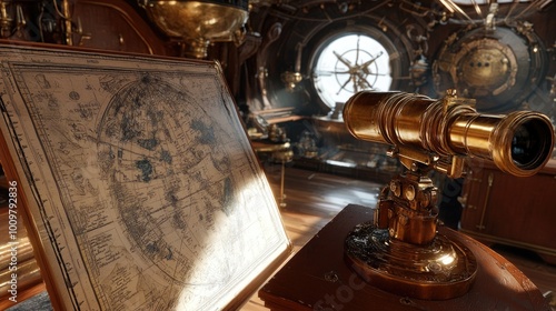 A Brass Telescope and an Antique World Map in a Steampunk-Style Room