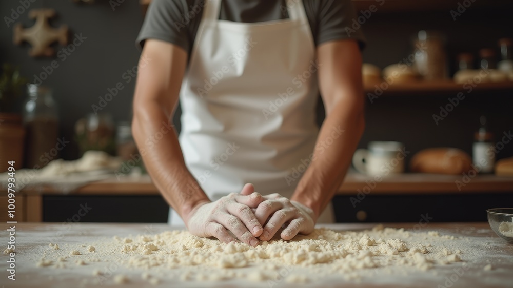 Baker's hands skillfully kneading dough on floured wooden surface Baker's hands skillfully kneading dough on floured wooden surface