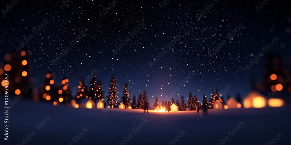 A cozy winter scene of people gathered around a bonfire in a snowy park with twinkling fairy lights in the trees and a starry sky above Perfect for seasonal greeting cards event posters and festive ne A cozy winter scene of people gathered around a bonfire in a snowy park with twinkling fairy lights in the trees and a starry sky above Perfect for seasonal greeting cards event posters and festive ne