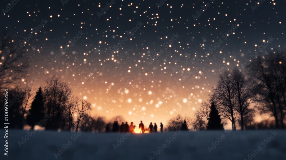 Fototapeta premium A cozy winter scene of people gathered around a bonfire in a snowy park with twinkling fairy lights in the trees and a starry sky above Perfect for seasonal greeting cards event posters and festive ne