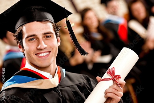 
Empleado recibiendo un reconocimiento o diploma en una ceremonia corporativa, con colegas aplaudiendo de fondo. Ideal para temas de motivación, logros photo