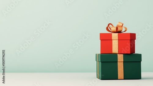 A modern and minimalist illustration of gift boxes wrapped in red and green paper with golden ribbons placed in a neat stack The background is soft pastel blue Ideal for holiday cards gift tags and Ne