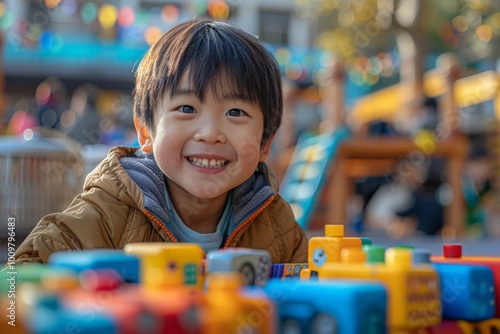 A joyful child playing with colorful toy robots outdoors, representing the excitement and creativity of childhood play.