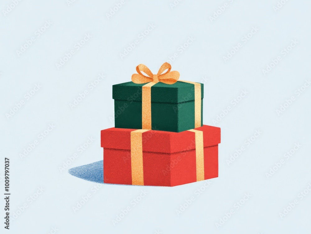 Fototapeta premium A modern and minimalist illustration of gift boxes wrapped in red and green paper with golden ribbons placed in a neat stack The background is soft pastel blue Ideal for holiday cards gift tags and Ne