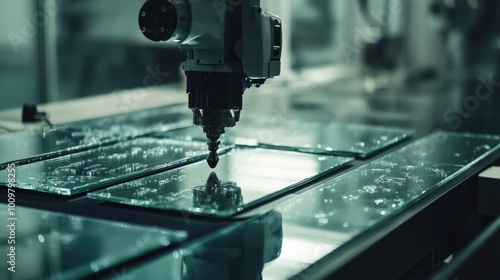 A robotic manipulator delicately engages with glass panels in a precision task, showcasing advanced technology and automation in a manufacturing environment