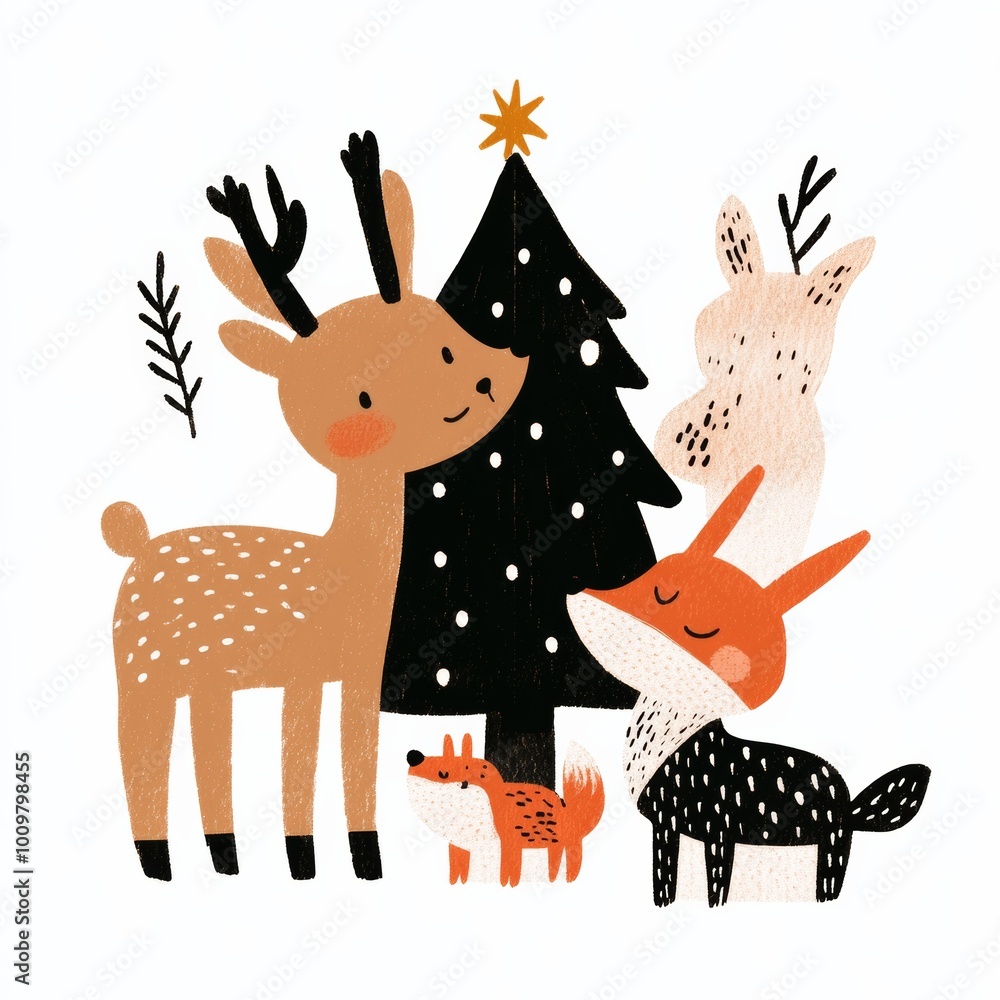 Obraz premium Handdrawn illustration of woodland animals including a deer rabbit and fox gathering around a Christmas tree in a snowy forest Perfect for holiday cards and winterthemed prints with a whimsical and jo