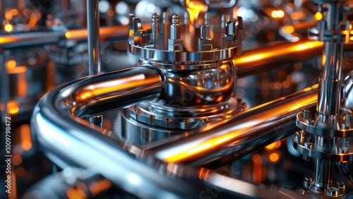 Shiny industrial metal pipes and connectors with orange lighting in factory setting for technology and engineering concepts