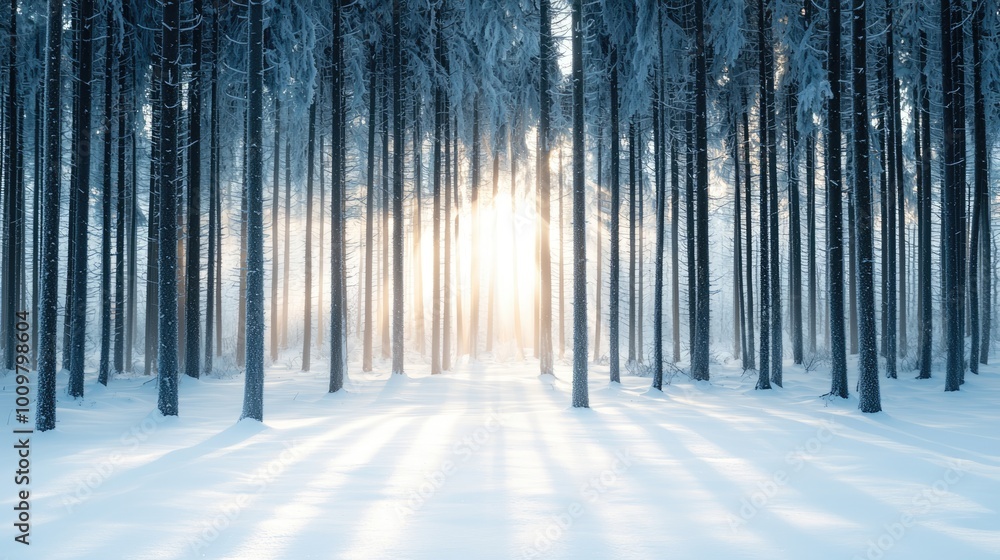A tranquil winter forest scene with snow-covered ground and sunlight piercing through tall, frosted trees, creating a serene atmosphere. A tranquil winter forest scene with snow-covered ground and sunlight piercing through tall, frosted trees, creating a serene atmosphere.