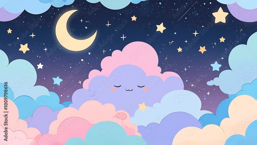 Cute Sleeping Cloud in Night Sky with Stars and Moon Cute Sleeping Cloud in Night Sky with Stars and Moon