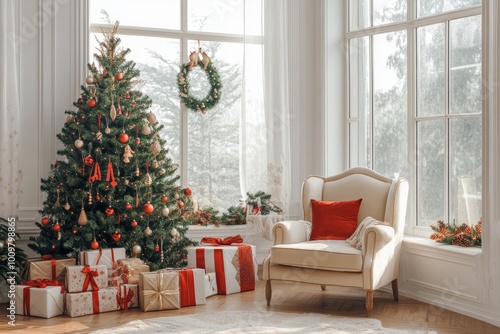 Christmas tree with red and gold ornaments, glowing lights, and presents underneath, in a cozy indoor holiday scene